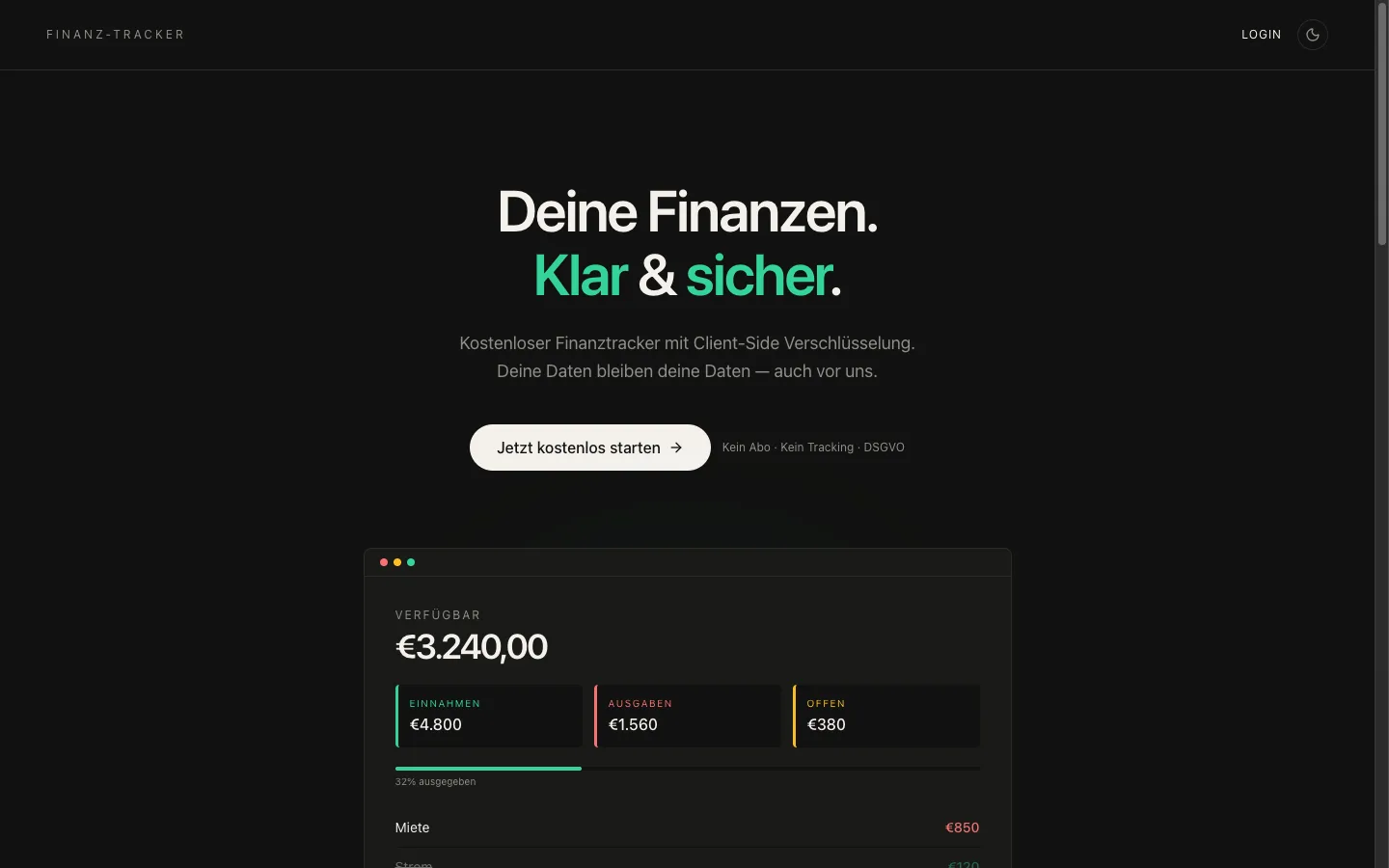 Screenshot der Website Der Finanzen Tracker